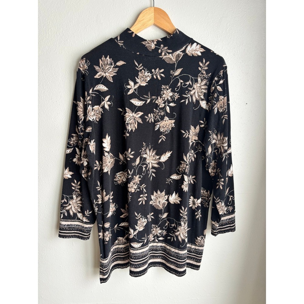 Susan Graver Weekend Women XL Black Floral Mock Neck Long Sleeve Top Tunic Modal - Picture 2 of 8
